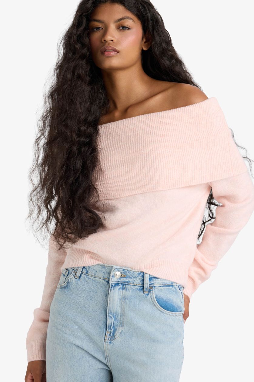 Woman Pink Regular Fit Strapless Knitwear Pullover