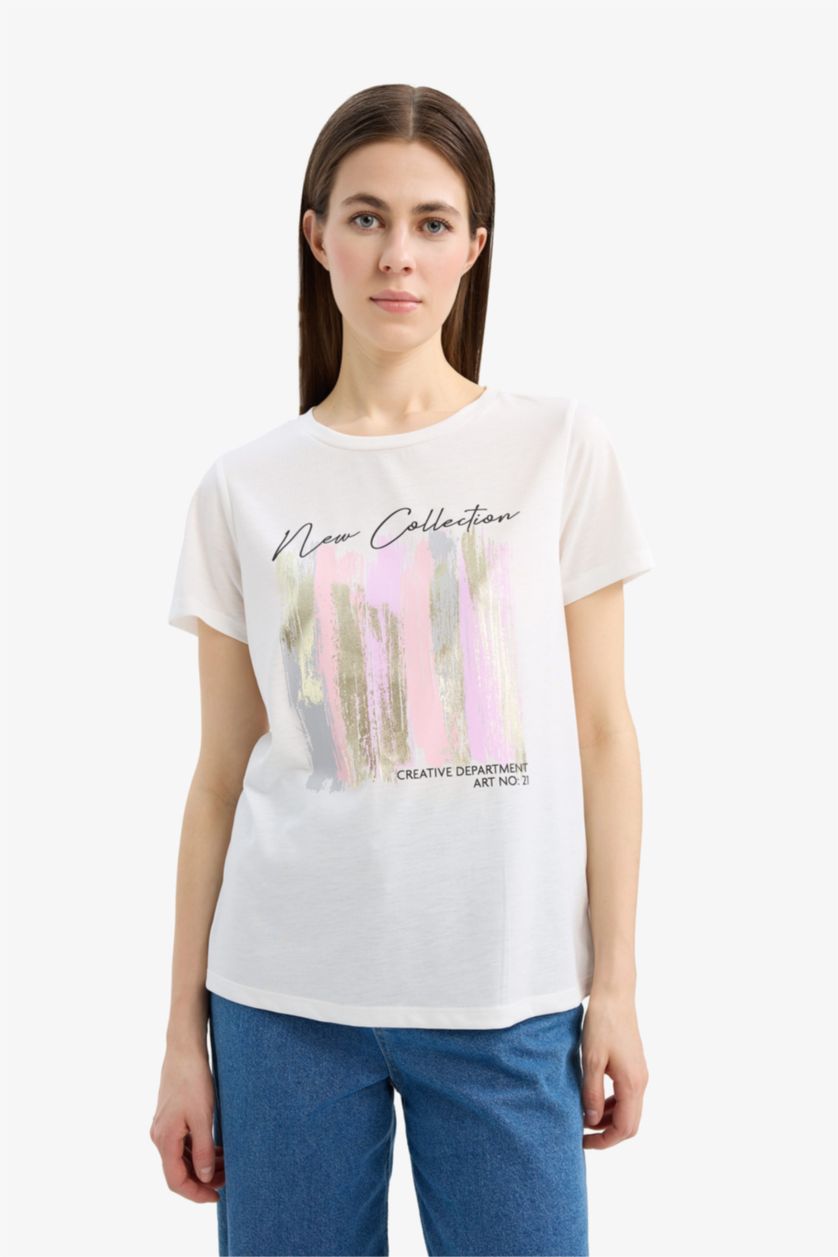 WOMAN Ecru Regular Fit Short Sleeve T-Shirt