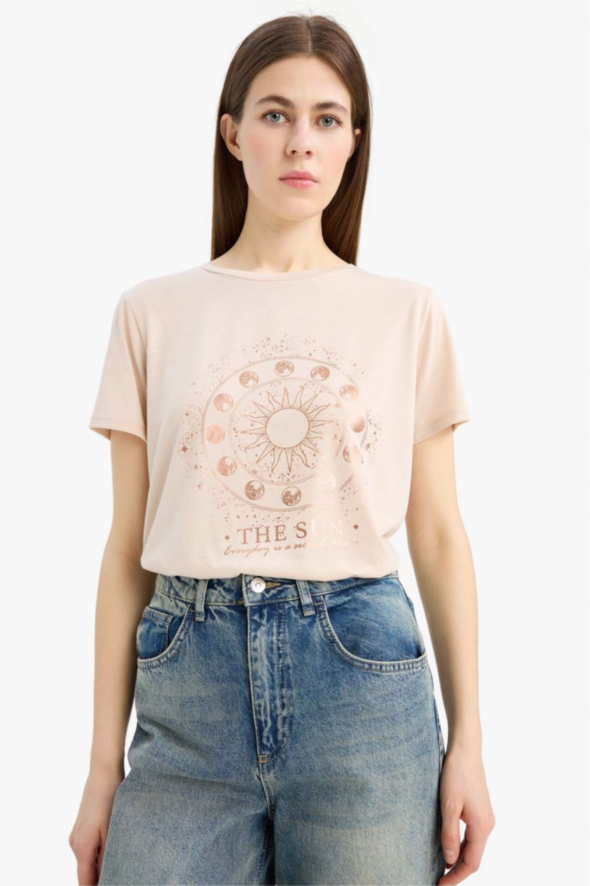 Woman Beige Regular Fit Crew Neck T-Shirt