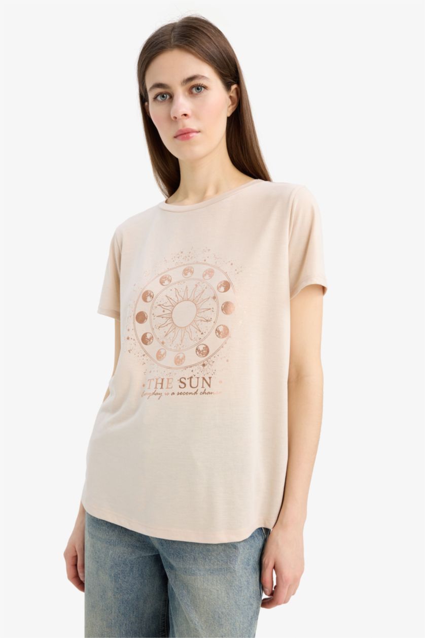 Woman Beige Regular Fit Crew Neck T-Shirt