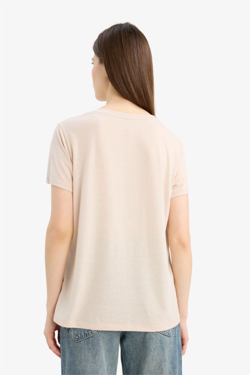 Woman Beige Regular Fit Crew Neck T-Shirt
