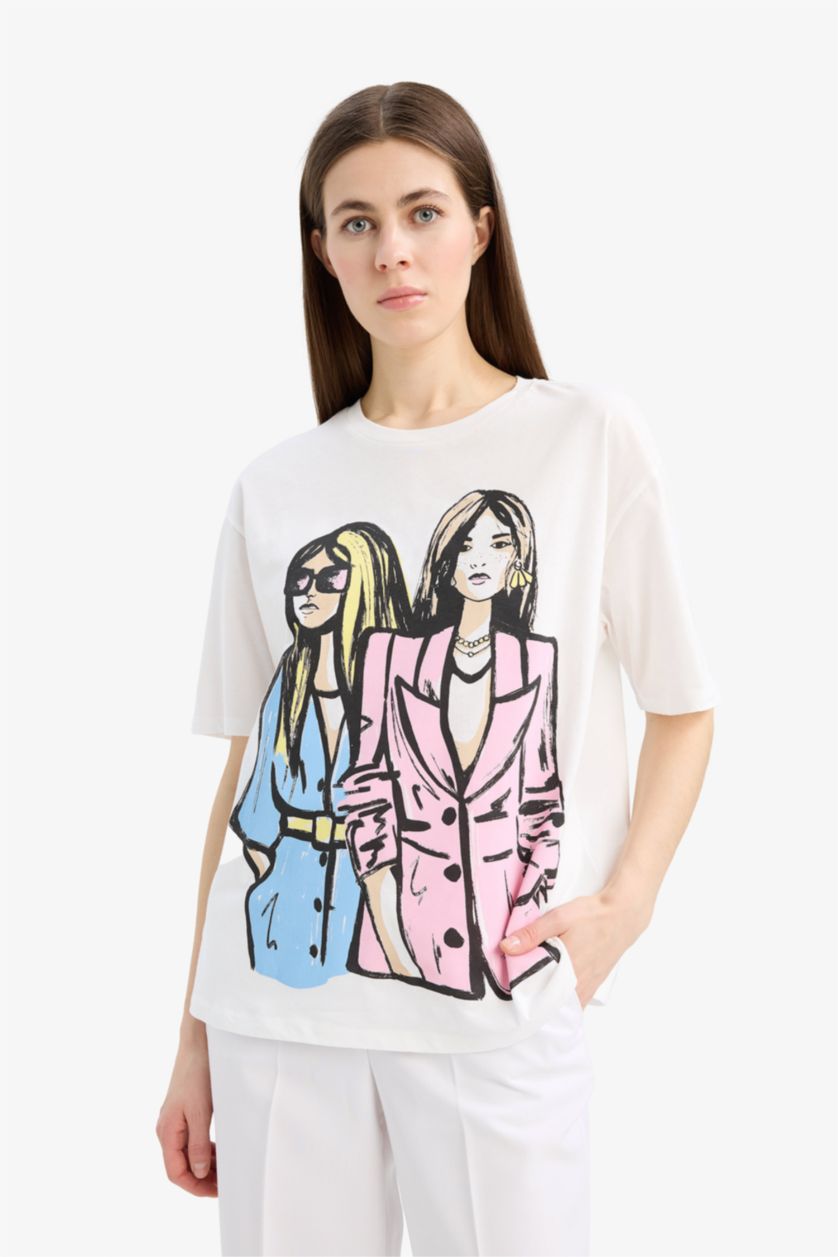 Woman Ecru Relax Fit Crew Neck Girl Printed Cotton T-Shirt