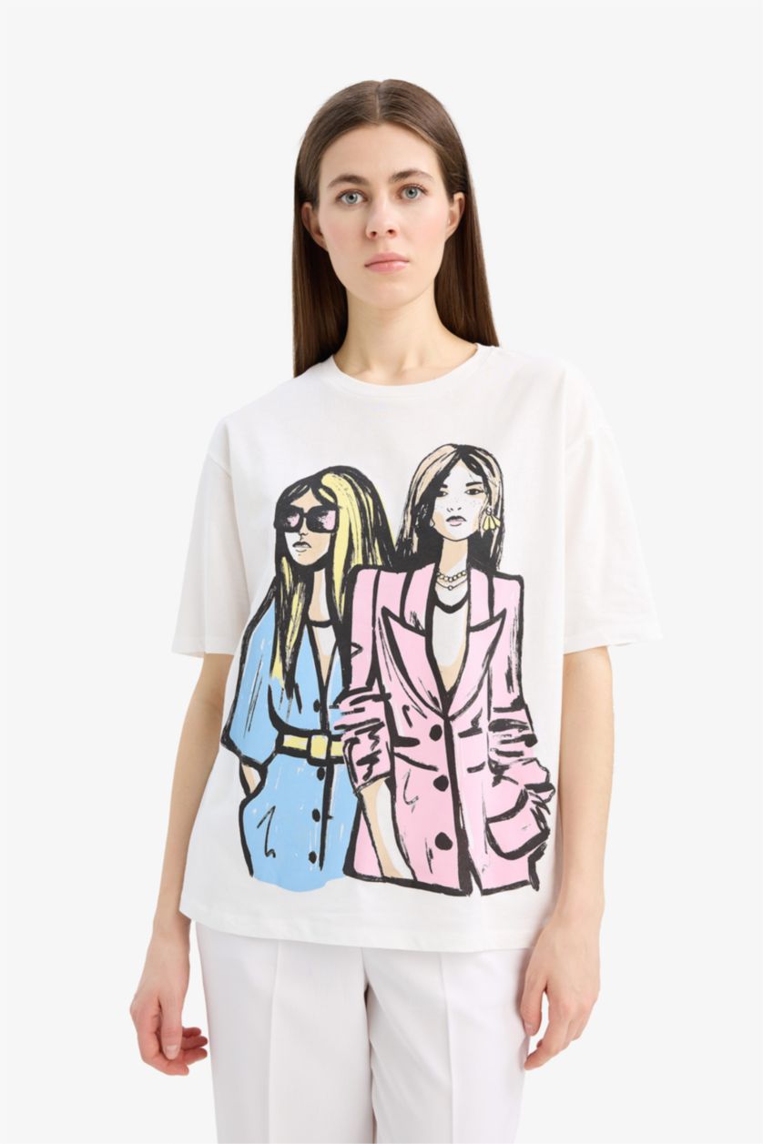 Woman Ecru Relax Fit Crew Neck Girl Printed Cotton T-Shirt