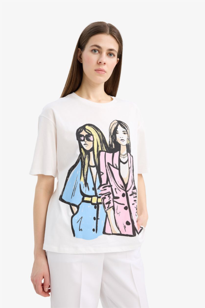 Woman Ecru Relax Fit Crew Neck Girl Printed Cotton T-Shirt