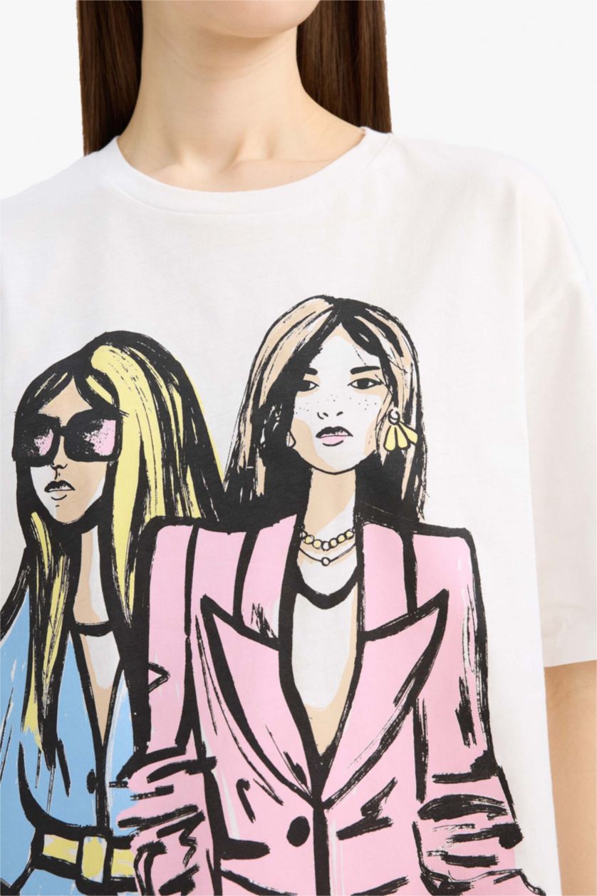 Woman Ecru Relax Fit Crew Neck Girl Printed Cotton T-Shirt