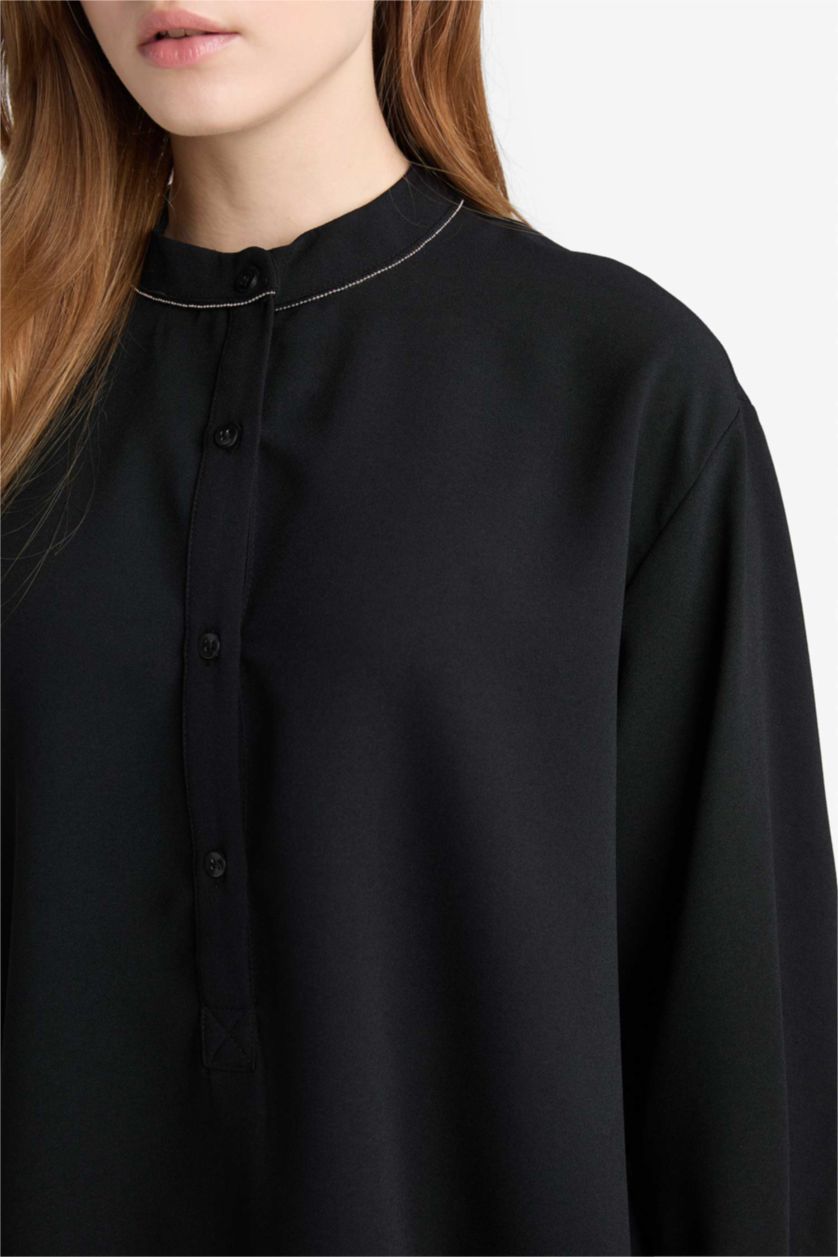 Kadın Siyah Relax Fıt Krep Uzun Kollu Tunik