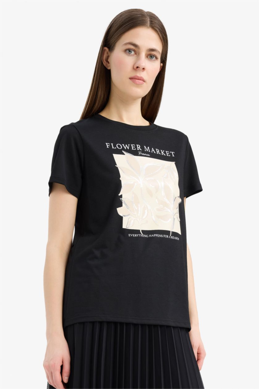 WOMAN Black Regular Fit Crew Neck Floral T-Shirt