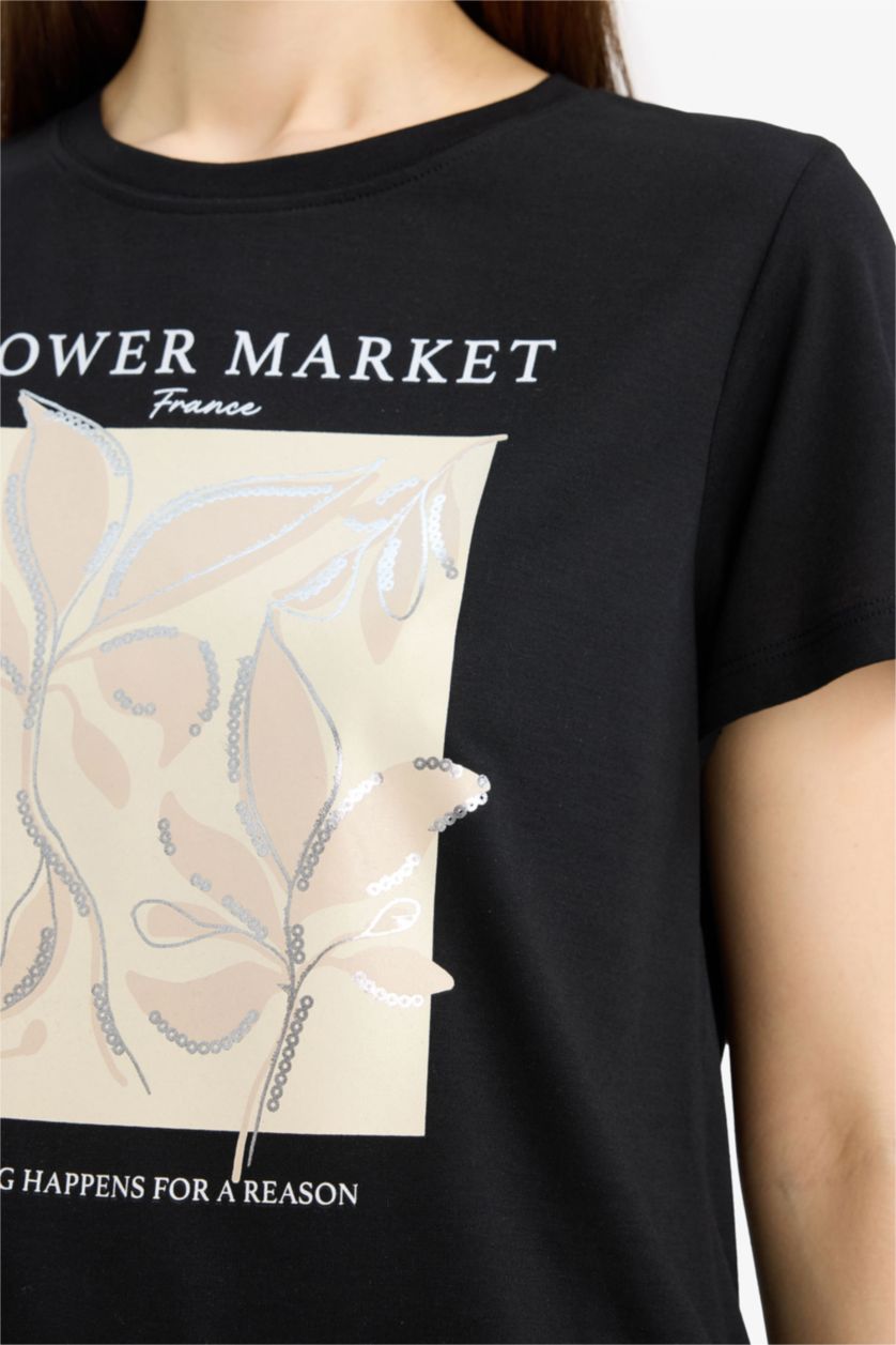 WOMAN Black Regular Fit Crew Neck Floral T-Shirt