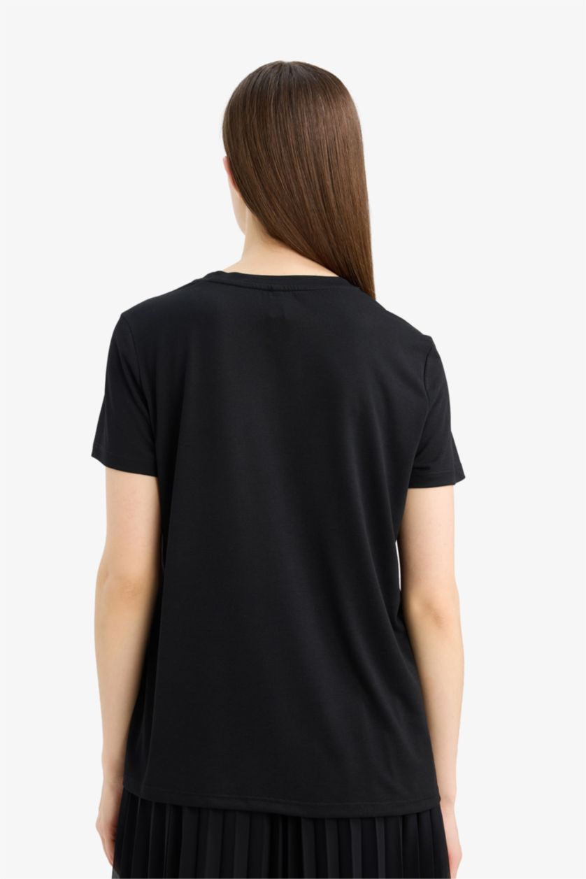 WOMAN Black Regular Fit Crew Neck Floral T-Shirt