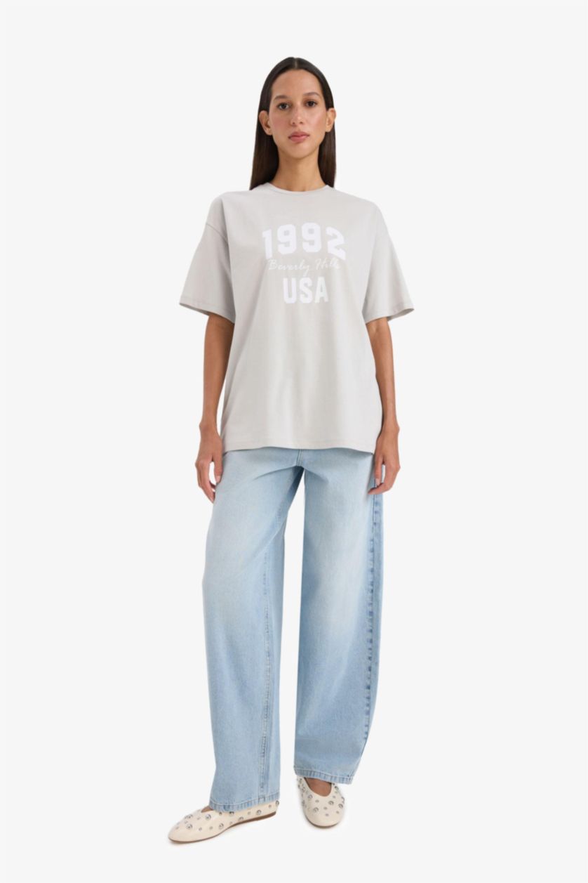 WOMAN Light Grey Oversize Fit Crew Neck T-Shirt