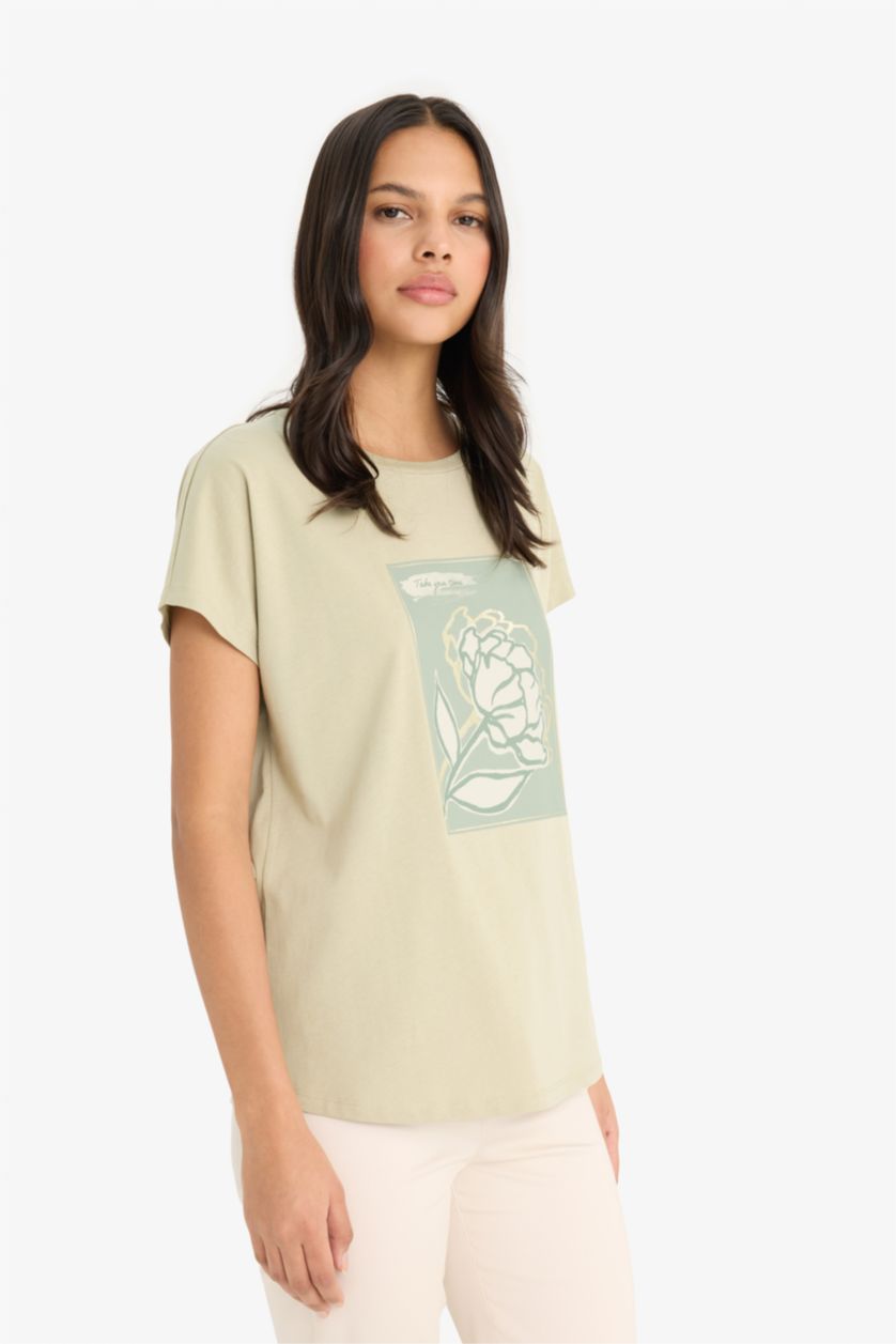 نساء كاكي فاتح تيشيرت فلورال نص ردن بياخة مستديرة