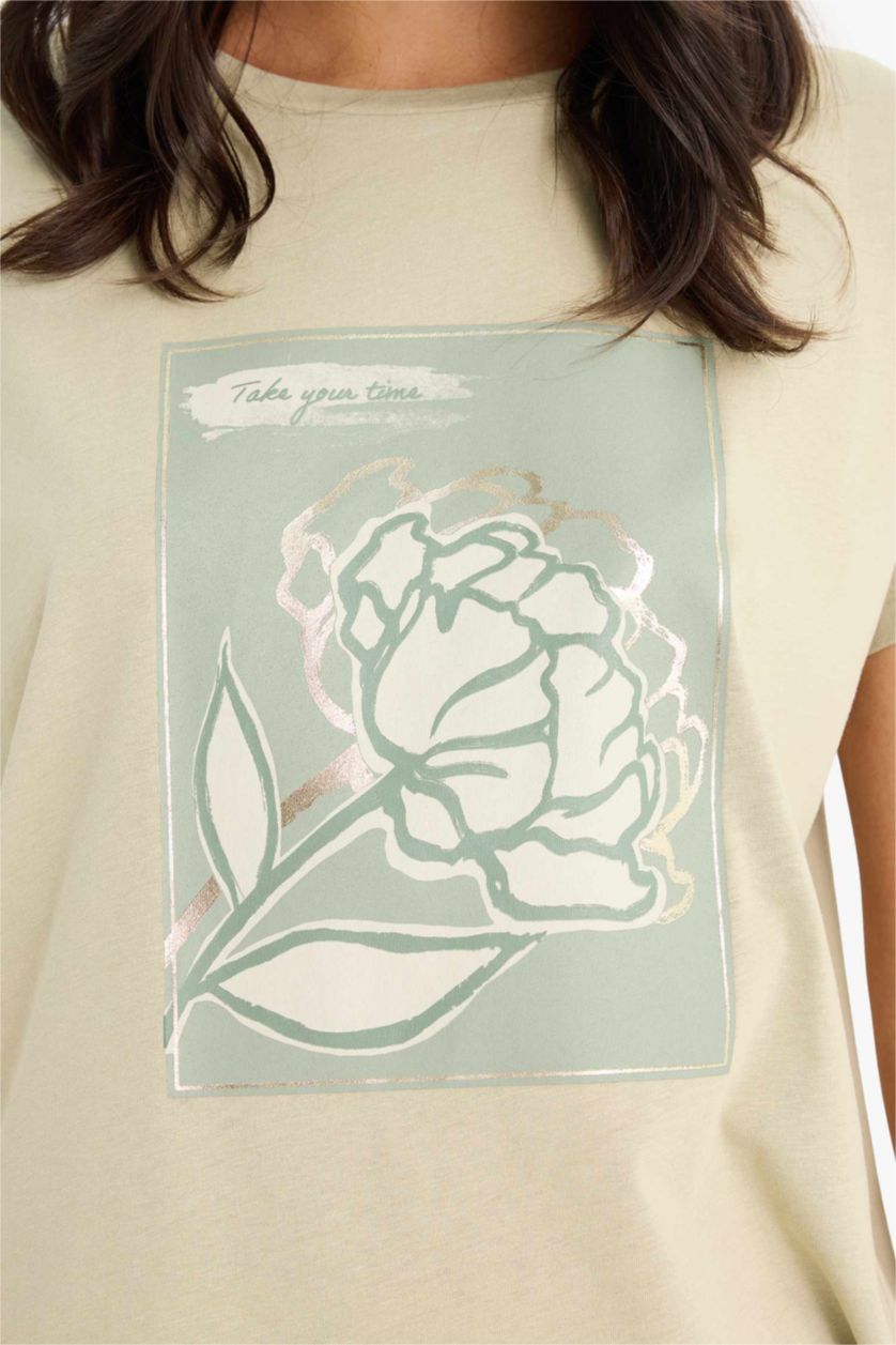 نساء كاكي فاتح تيشيرت فلورال نص ردن بياخة مستديرة