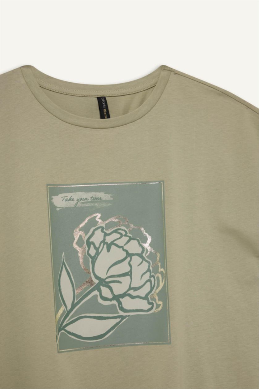 نساء كاكي فاتح تيشيرت فلورال نص ردن بياخة مستديرة