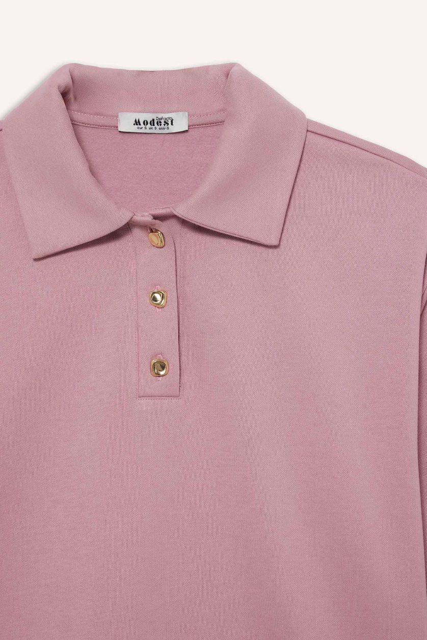 Kadın Gülkurusu Regular Fit Polo Yaka İçi Yumuşak Tüylü Kalın Sweatshirt Tunik