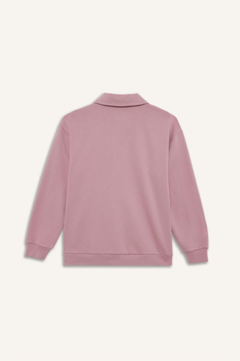 Kadın Gülkurusu Regular Fit Polo Yaka İçi Yumuşak Tüylü Kalın Sweatshirt Tunik