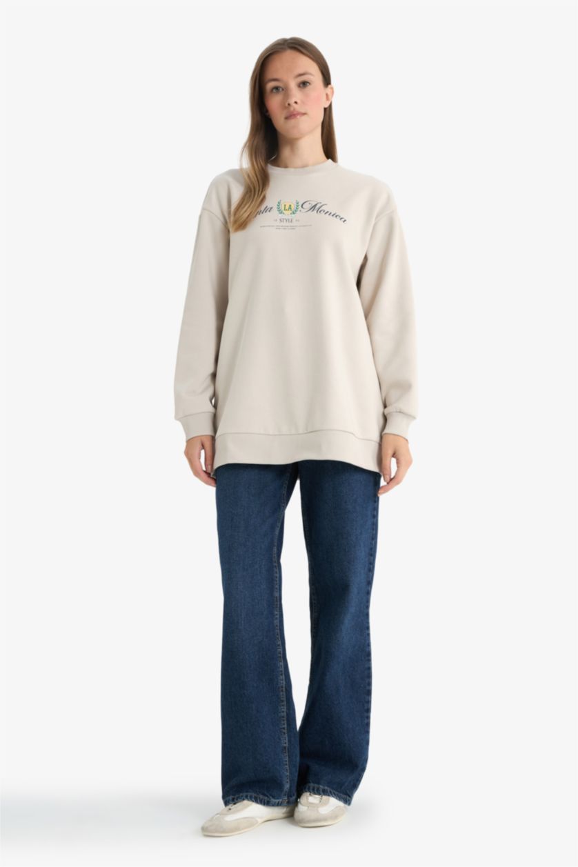 حريمي بيج سويت تونيك مطبوع قصة عادية بياقة مستديرة ببطانة ناعمة