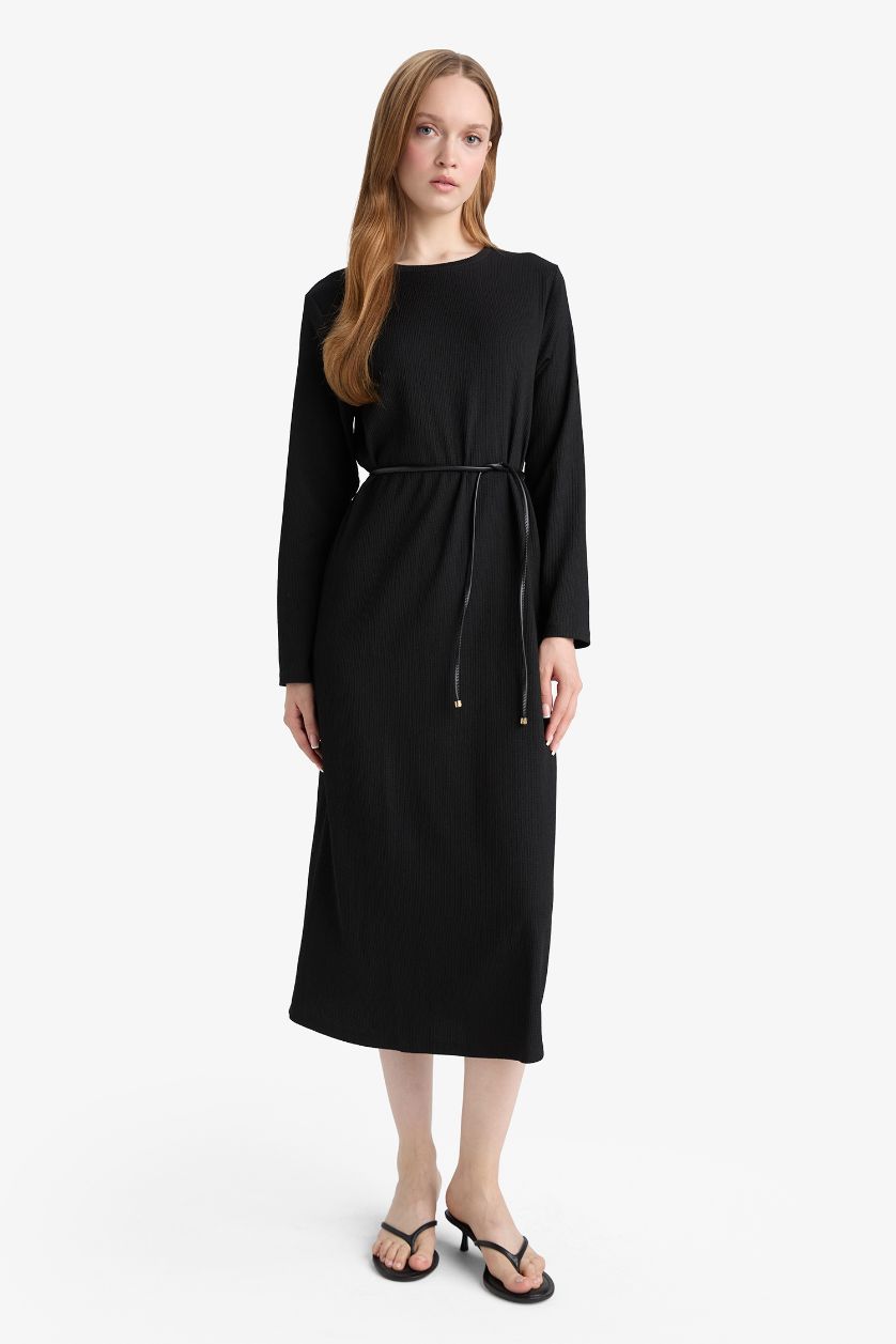 Kadın Siyah Regular Fit Penye Uzun Kollu Midi Elbise