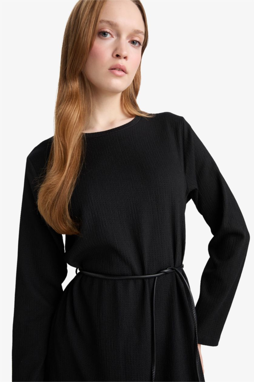 Kadın Siyah Regular Fit Penye Uzun Kollu Midi Elbise