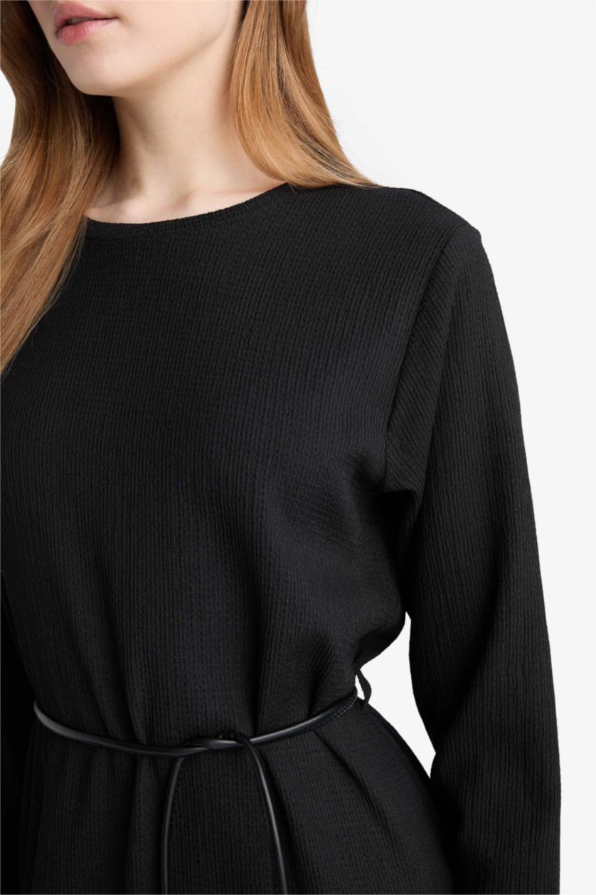 Kadın Siyah Regular Fit Penye Uzun Kollu Midi Elbise