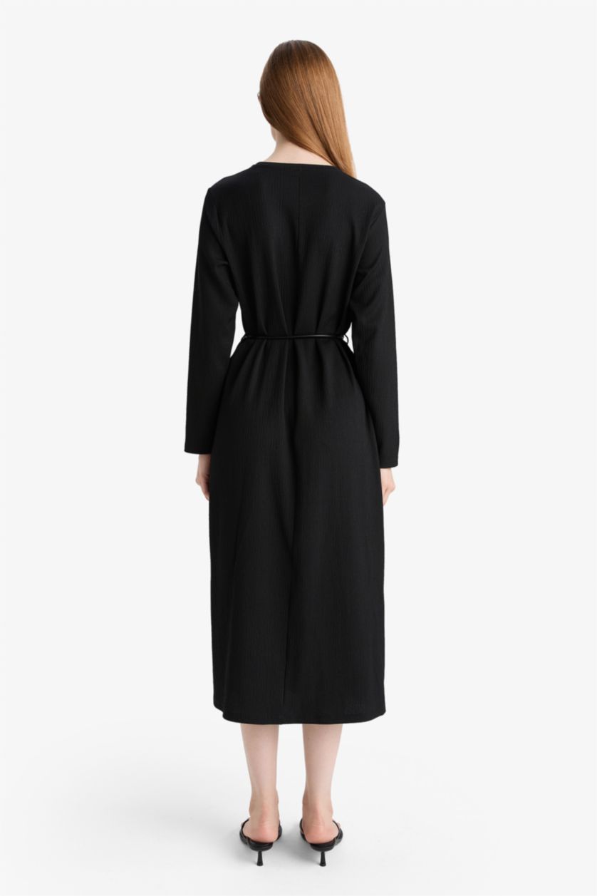 Kadın Siyah Regular Fit Penye Uzun Kollu Midi Elbise