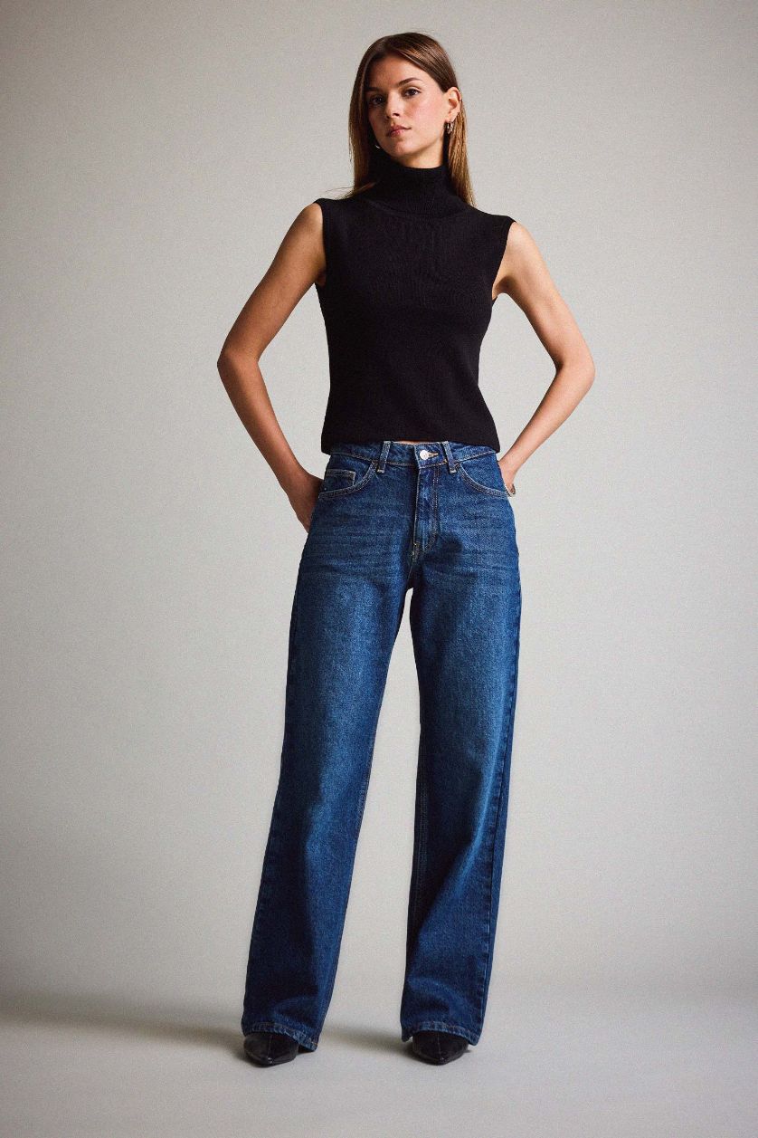Kadın Koyu Mavi %100 Pamuk Straıght Wıde Yüksek Bel Jean Pantolon