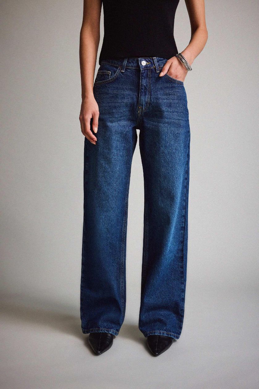 Kadın Koyu Mavi %100 Pamuk Straıght Wıde Yüksek Bel Jean Pantolon