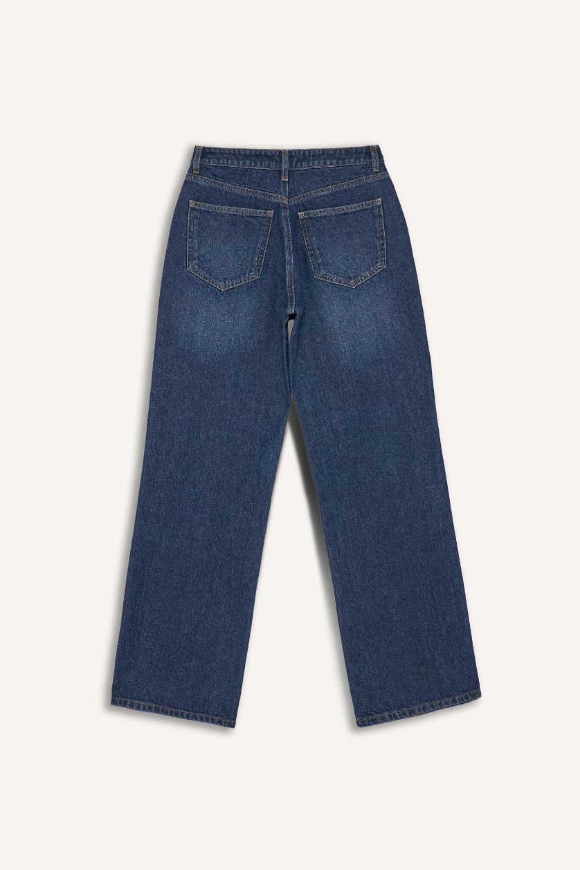Kadın Koyu Mavi %100 Pamuk Straıght Wıde Yüksek Bel Jean Pantolon