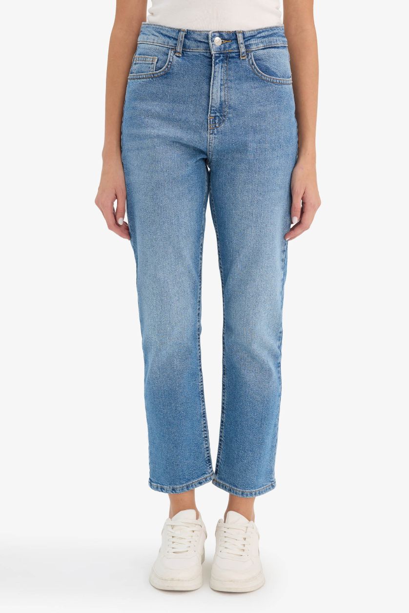 Kadın Mavi Mary Vintage Straight Fit Yüksek Bel Bilek Boy Jean Yıkamalı Pantolon