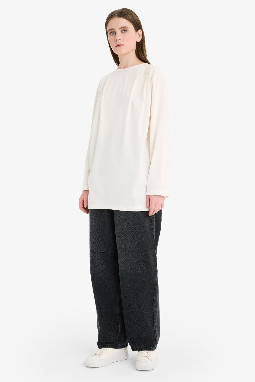 Kadın Ekru Regular Fıt Bisiklet Yaka Uzun Kollu Tunik