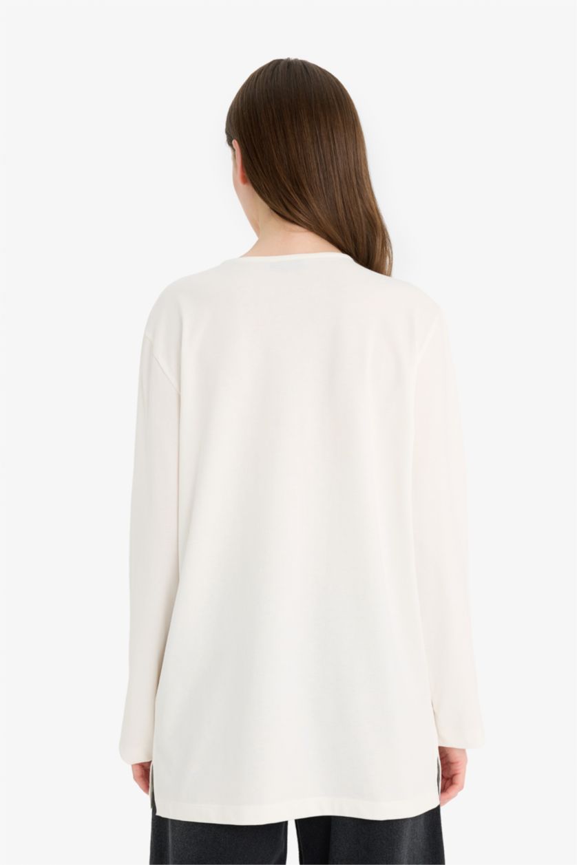 Kadın Ekru Regular Fıt Bisiklet Yaka Uzun Kollu Tunik