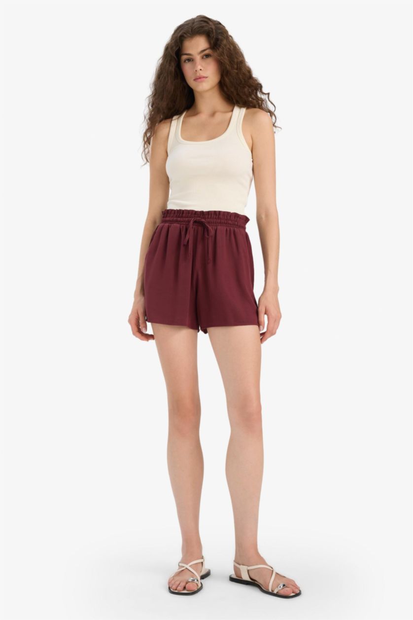 Woman Bordeaux Normal Waist Short Leg Crinkle Viscose Shorts