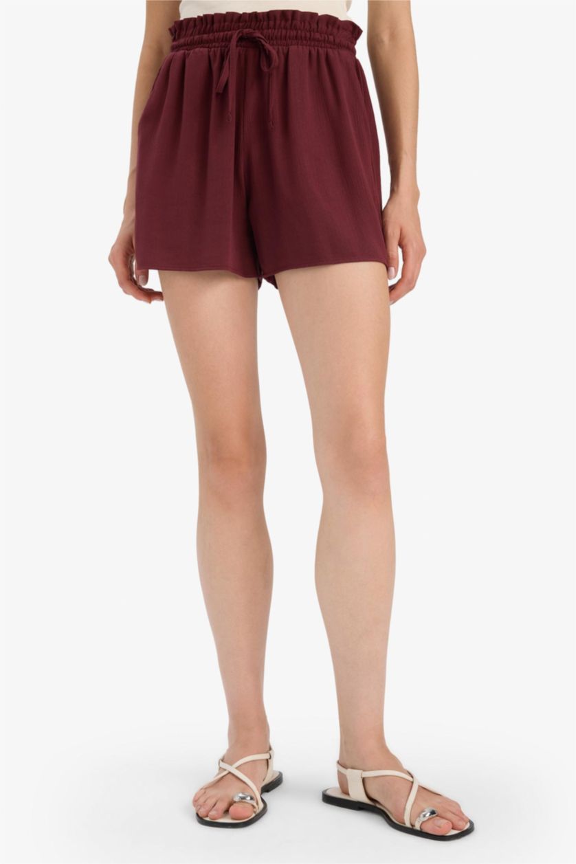Woman Bordeaux Normal Waist Short Leg Crinkle Viscose Shorts