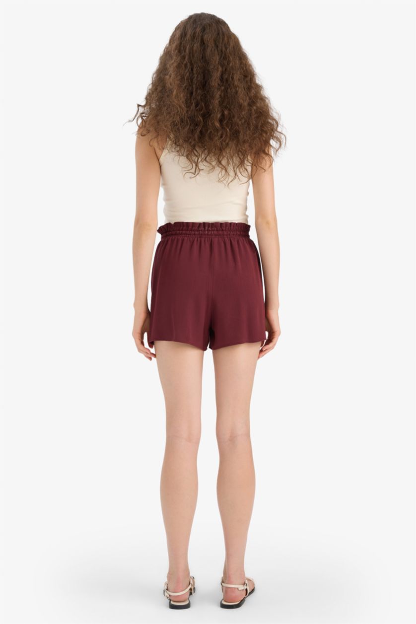 Woman Bordeaux Normal Waist Short Leg Crinkle Viscose Shorts