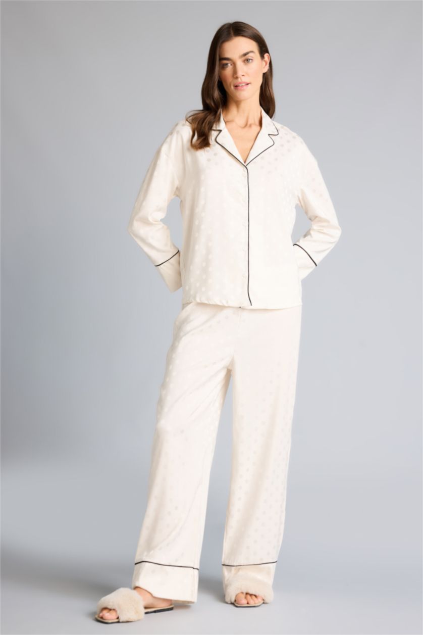 Woman Ecru Regular Fit Long Sleeve 2 Piece Satin Set