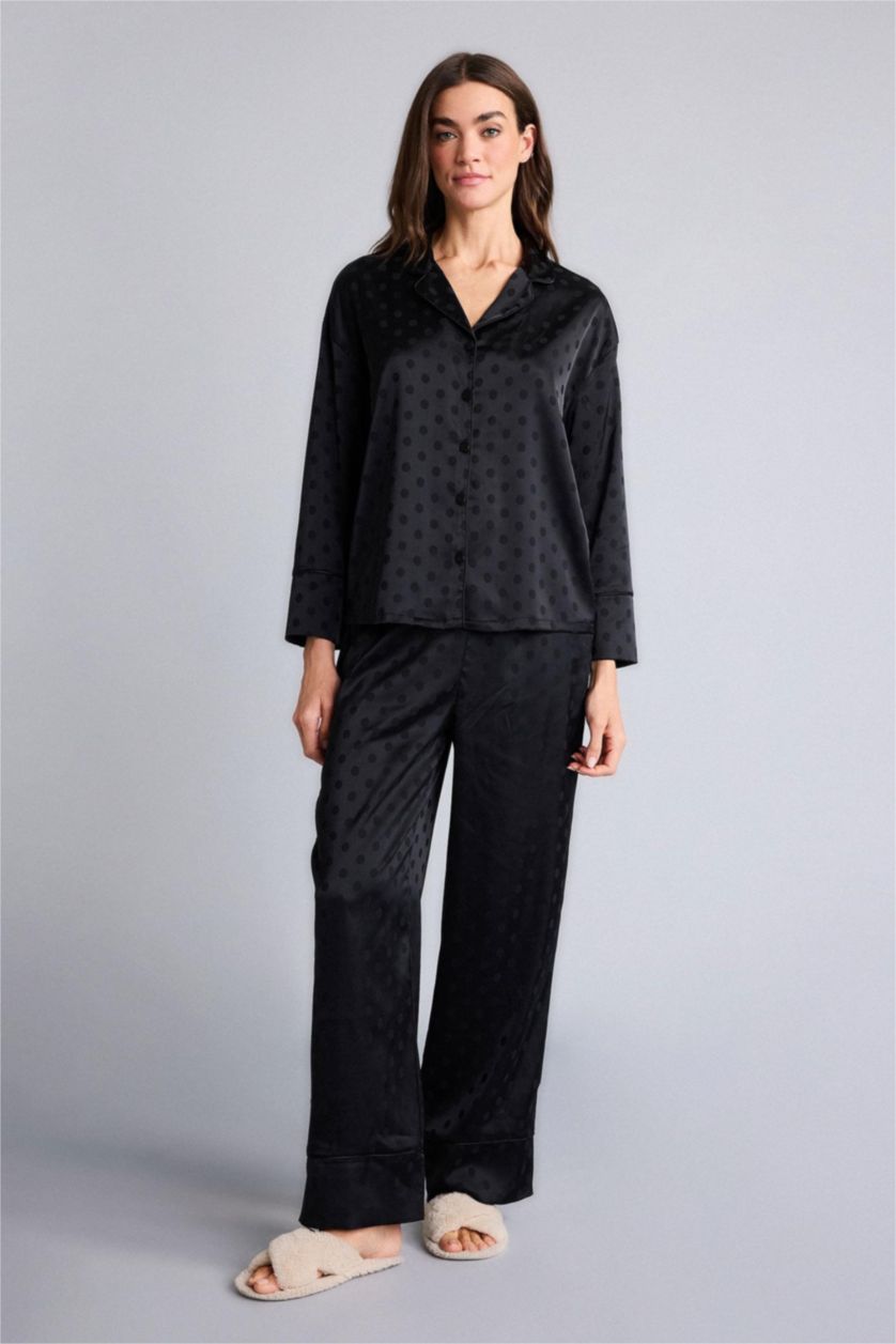 نساء أسود سيت بجامة منقط قصة عادية ردن طويل - قطعتين