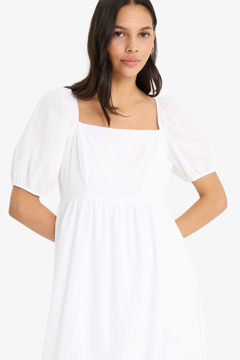 نساء بيج فاتح فستان طويل نص ردن بوبلين بياخة مربعة