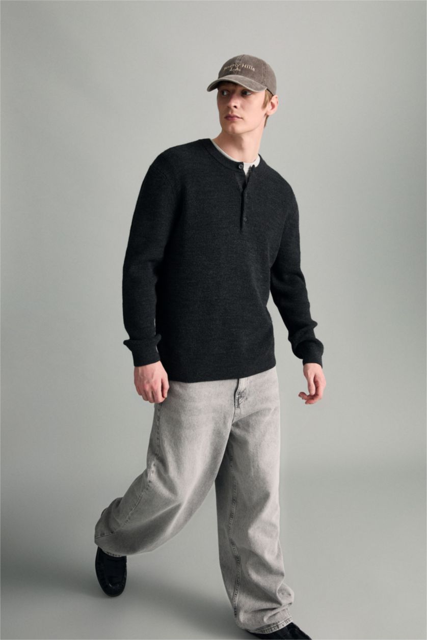 HOMME Anthracite Foncé Pull en maille à col boutonné Coupe standard