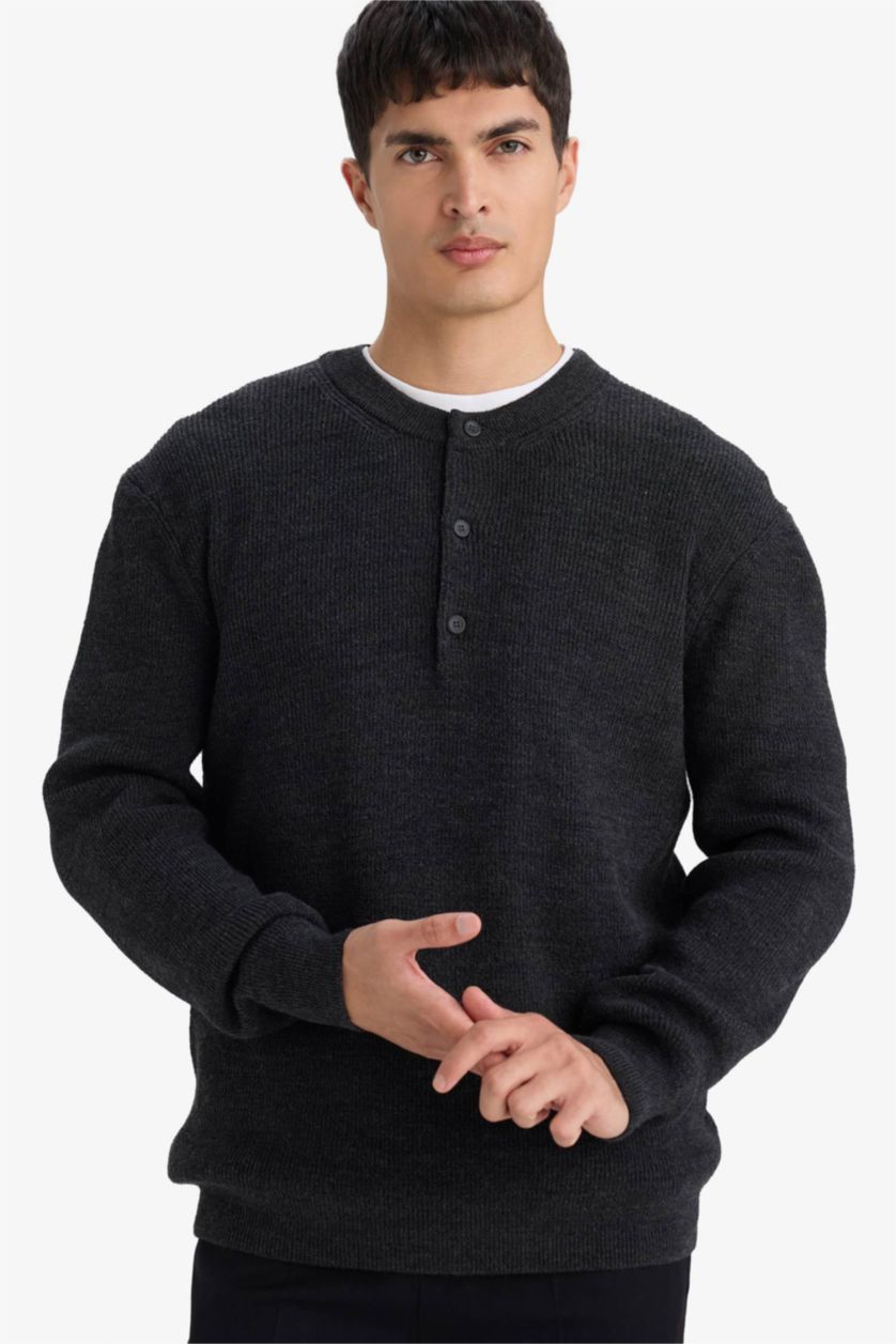 HOMME Anthracite Foncé Pull en maille à col boutonné Coupe standard