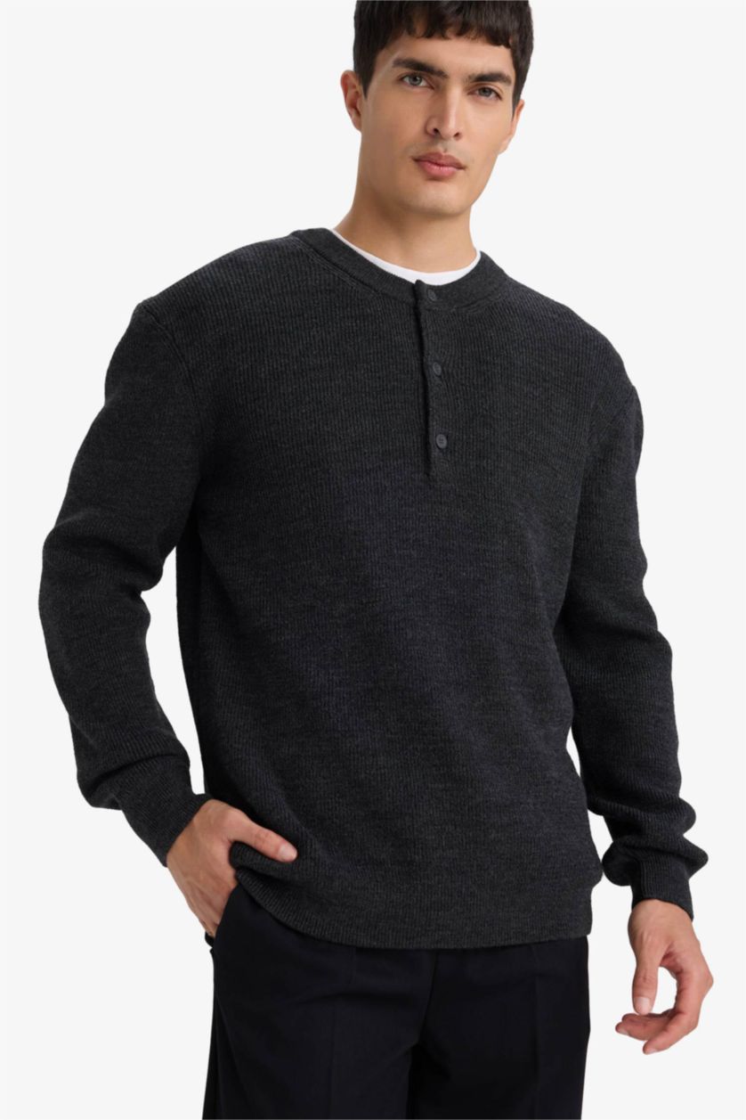 HOMME Anthracite Foncé Pull en maille à col boutonné Coupe standard