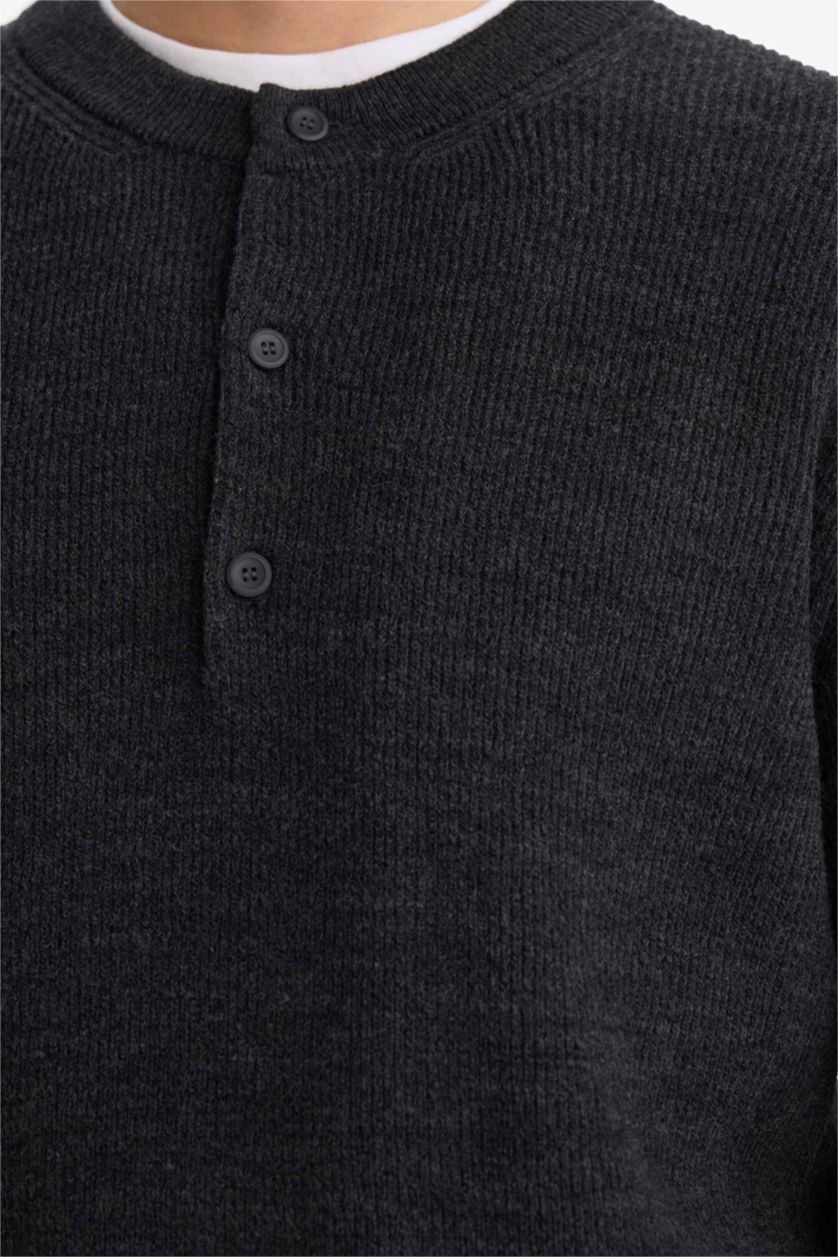 HOMME Anthracite Foncé Pull en maille à col boutonné Coupe standard