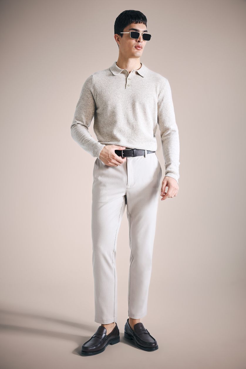 HOMME Beige Clair Pull 100% laine à col polo Coupe régulière