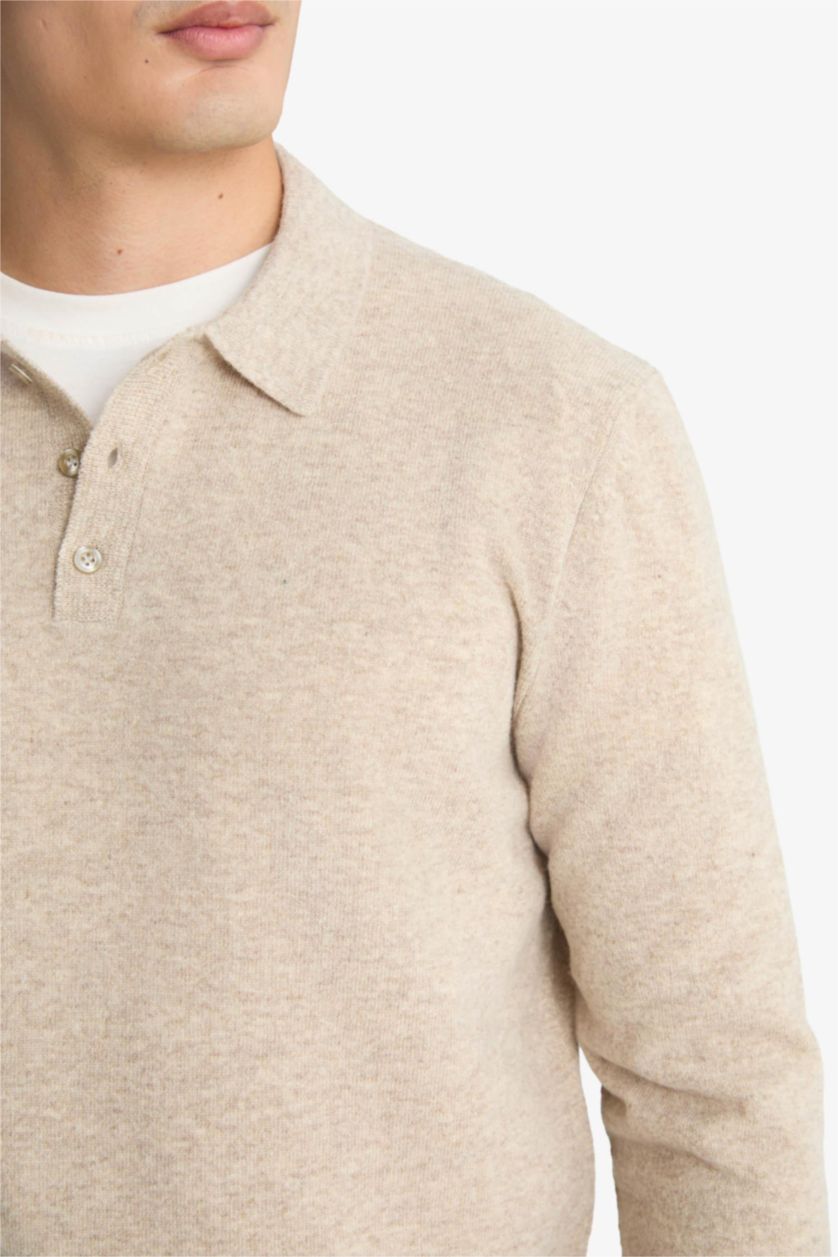 HOMME Beige Clair Pull 100% laine à col polo Coupe régulière