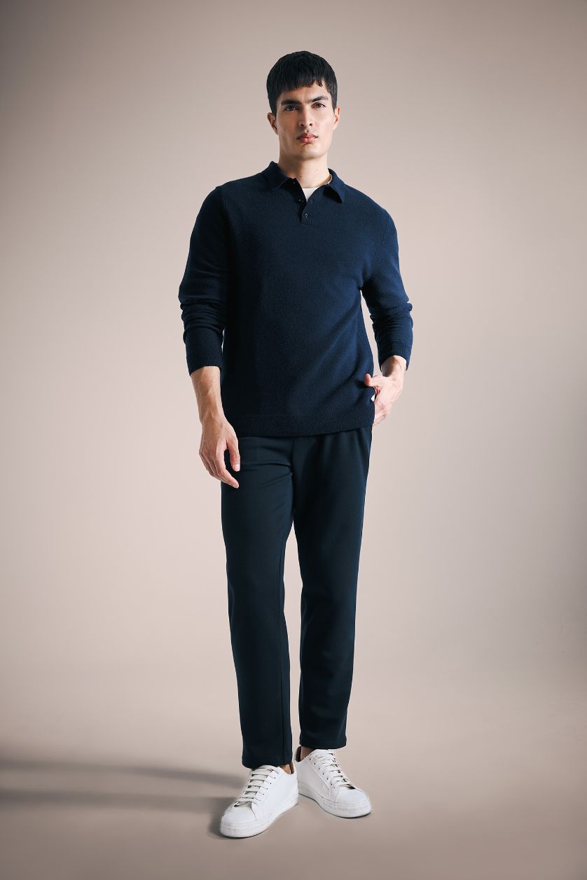 رجال كحلي بلوفر صوف 100% قصة عادية بياقة بولو