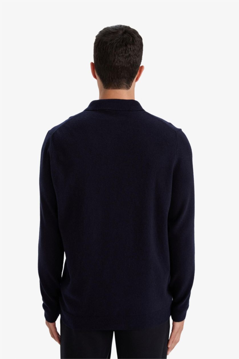 رجال كحلي بلوفر صوف 100% قصة عادية بياقة بولو