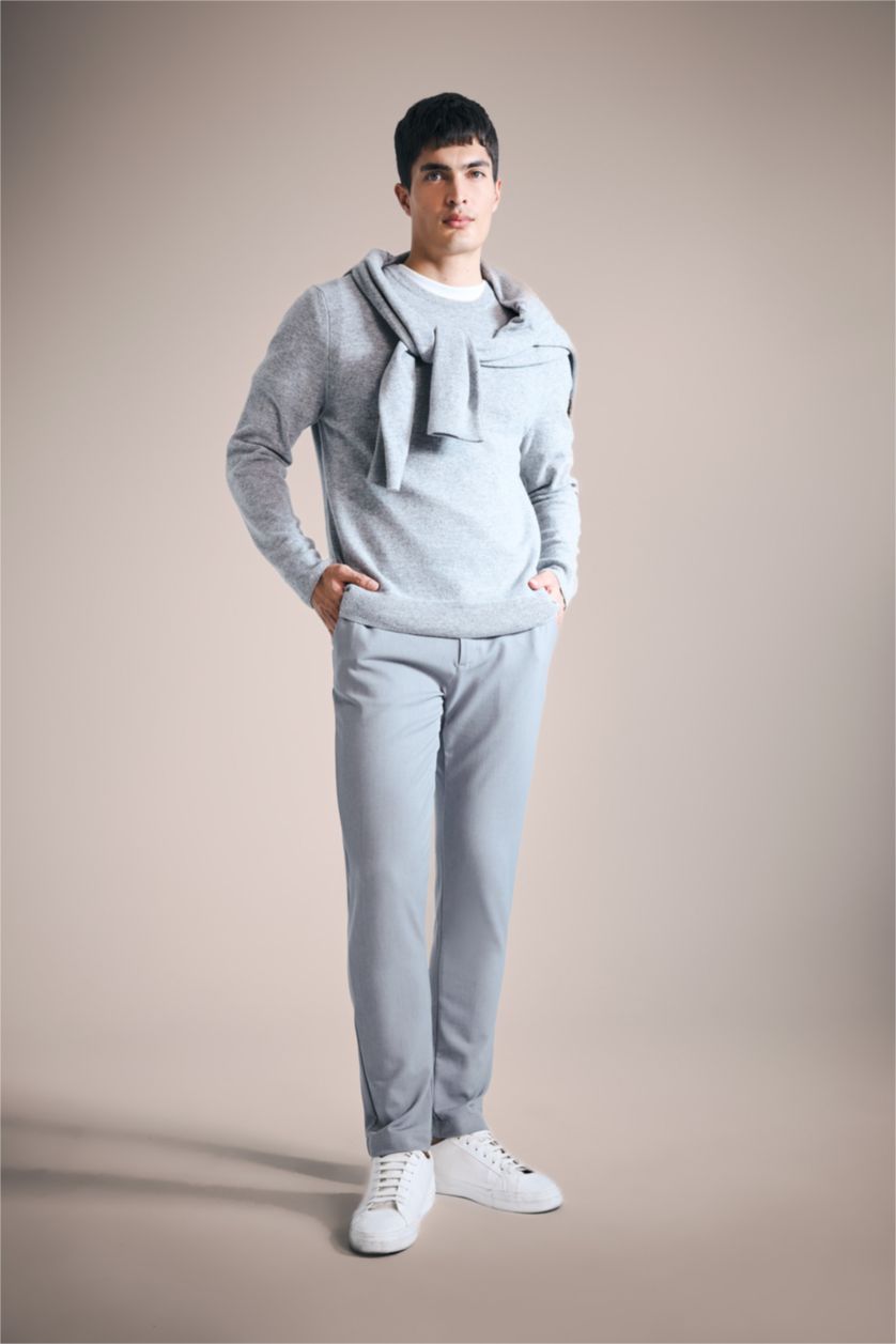 رجال ميلانج رمادي بلوفر تريكو قصة عادية برقبة مستديرة