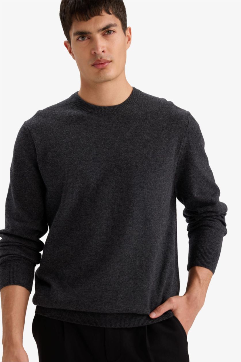Man Anthracite Melange Wool Cashmere Standard Fit Crew Neck Pullover