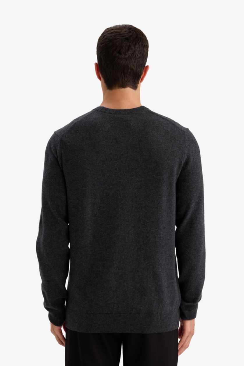 Man Anthracite Melange Wool Cashmere Standard Fit Crew Neck Pullover