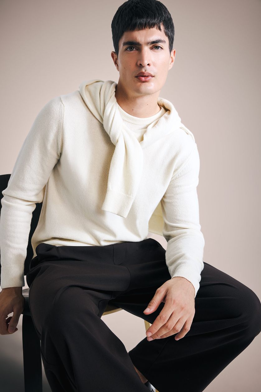 رجال بيج فاتح بلوفر تريكو قصة عادية بياقة مستديرة