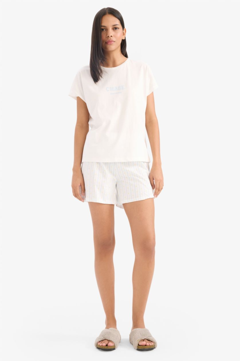 Kadın Açık Mavi Pijama Takımı Kısa Kollu Üst Beli Lastikli Şort