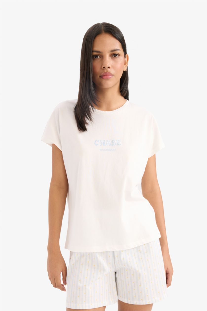 Kadın Açık Mavi Pijama Takımı Kısa Kollu Üst Beli Lastikli Şort